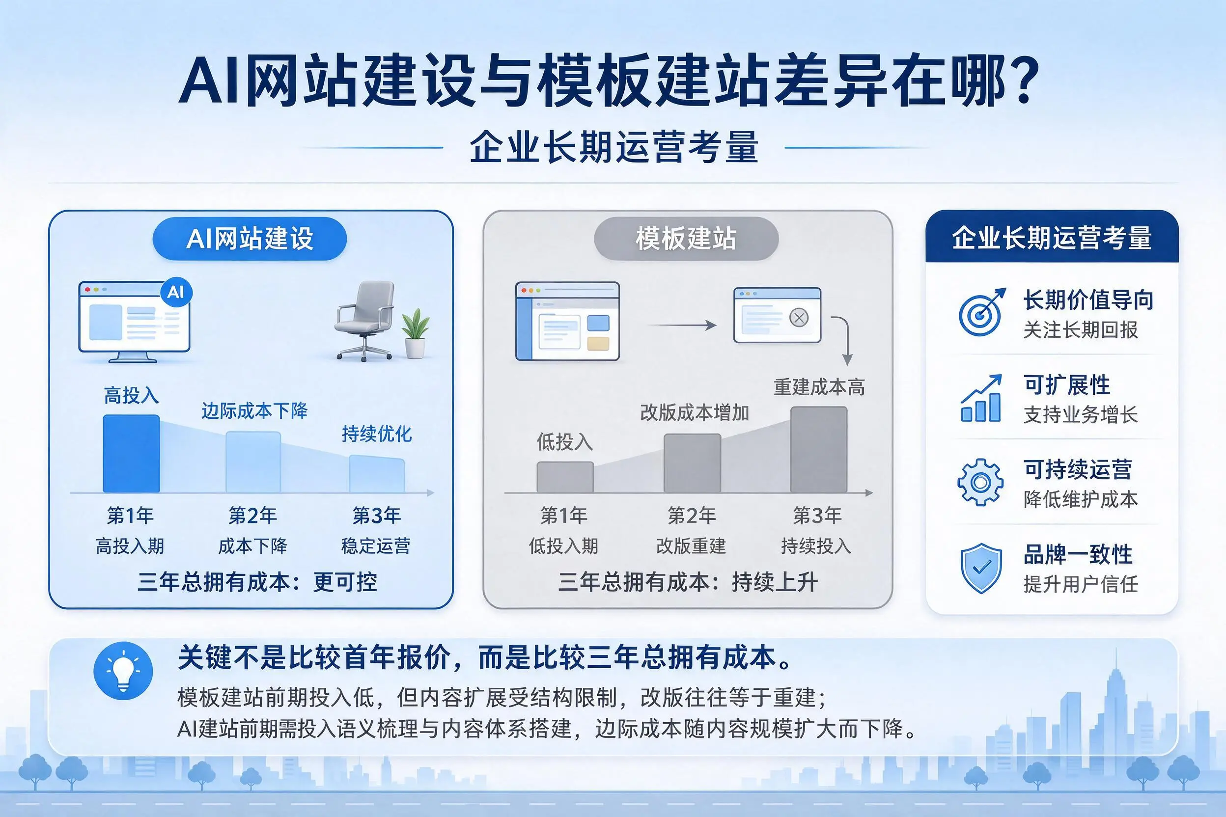 AI网站建设与模板建站差异在哪？浙江企业长期运营考量